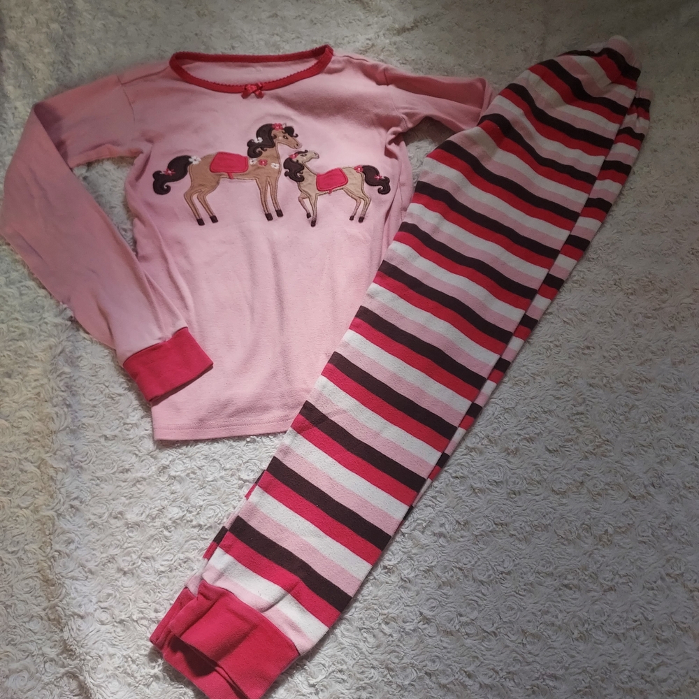 Gymboree Girls Sz 12 Pink Cozy Striped Horse Pajama Set Cool Weather Winter